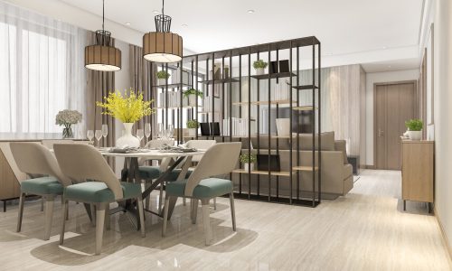 3d rendering loft luxury living room with shelf near dining table